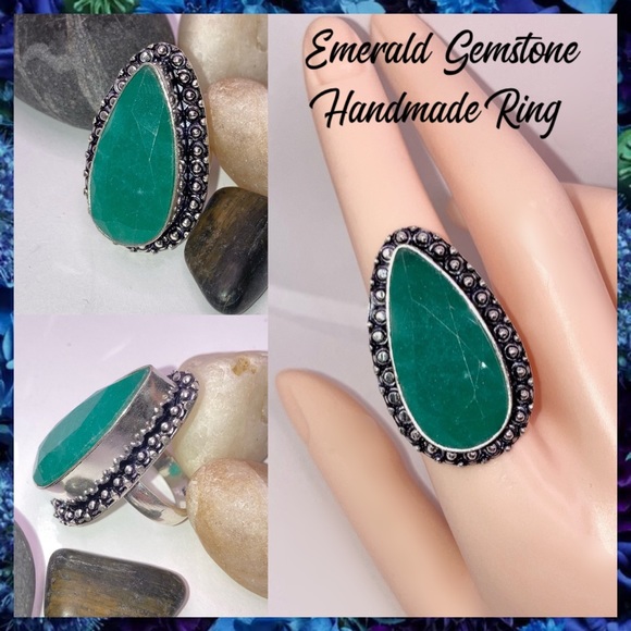 Emerald Gemstone Handmade Vintage Style Halo Ring - Picture 1 of 4